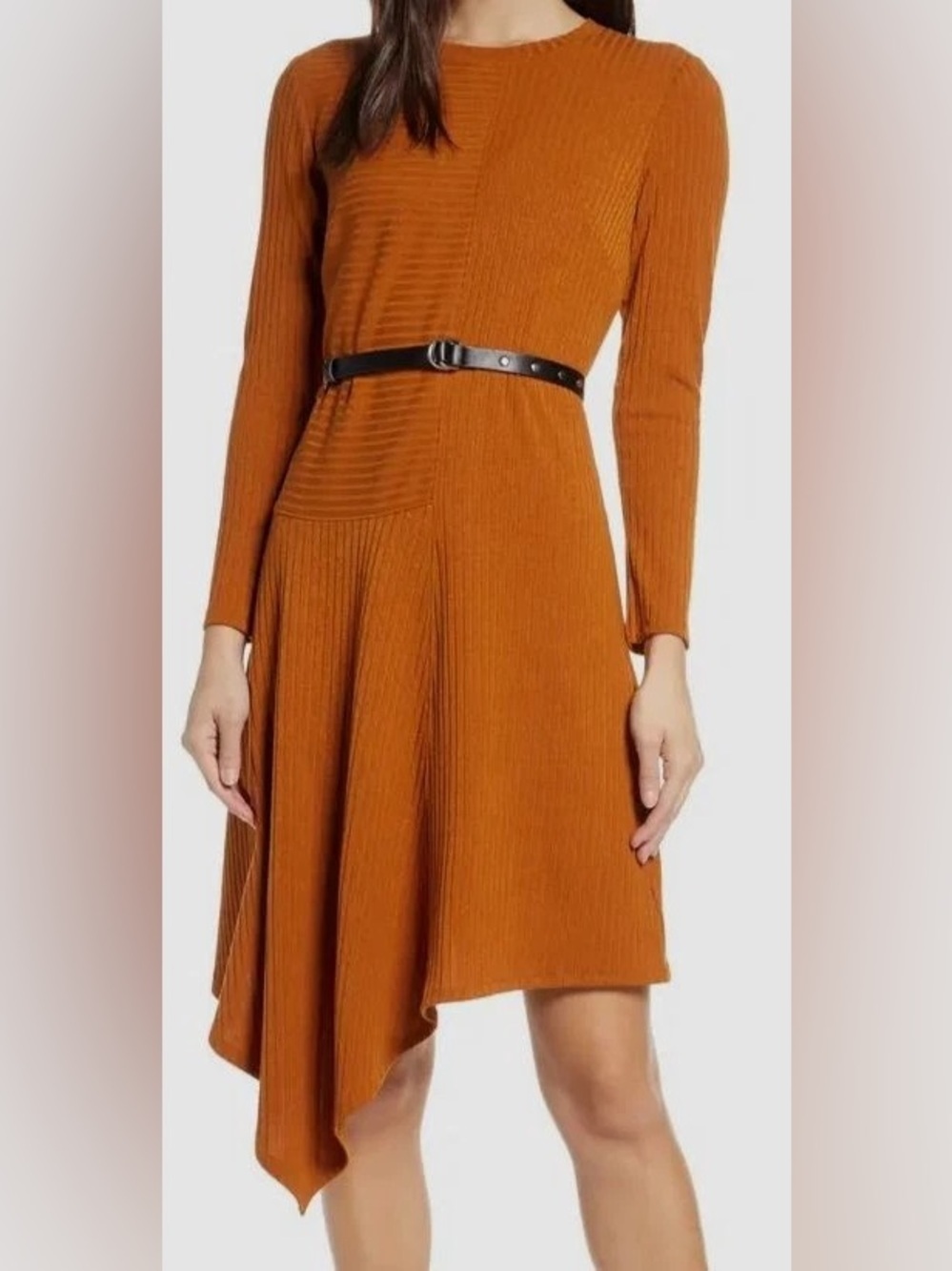 *SAM EDELMAN* Caramel Asymmetrical Ribbed Hem Belted Midi Knit Dress NWT Size 2